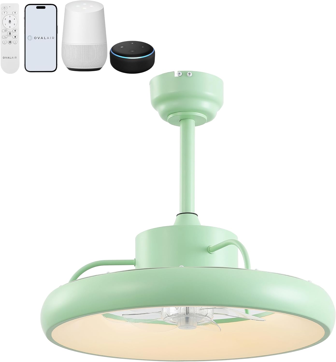 Oval AIR Loren 20' Small Smart Ceiling Fan with Light, Semi Flush Mount, Quiet 6-Speed Reversible Motor, Dimmable LED, Adjustable CCT, App & Remote Control, Scandinavian, Mint AIR8002C