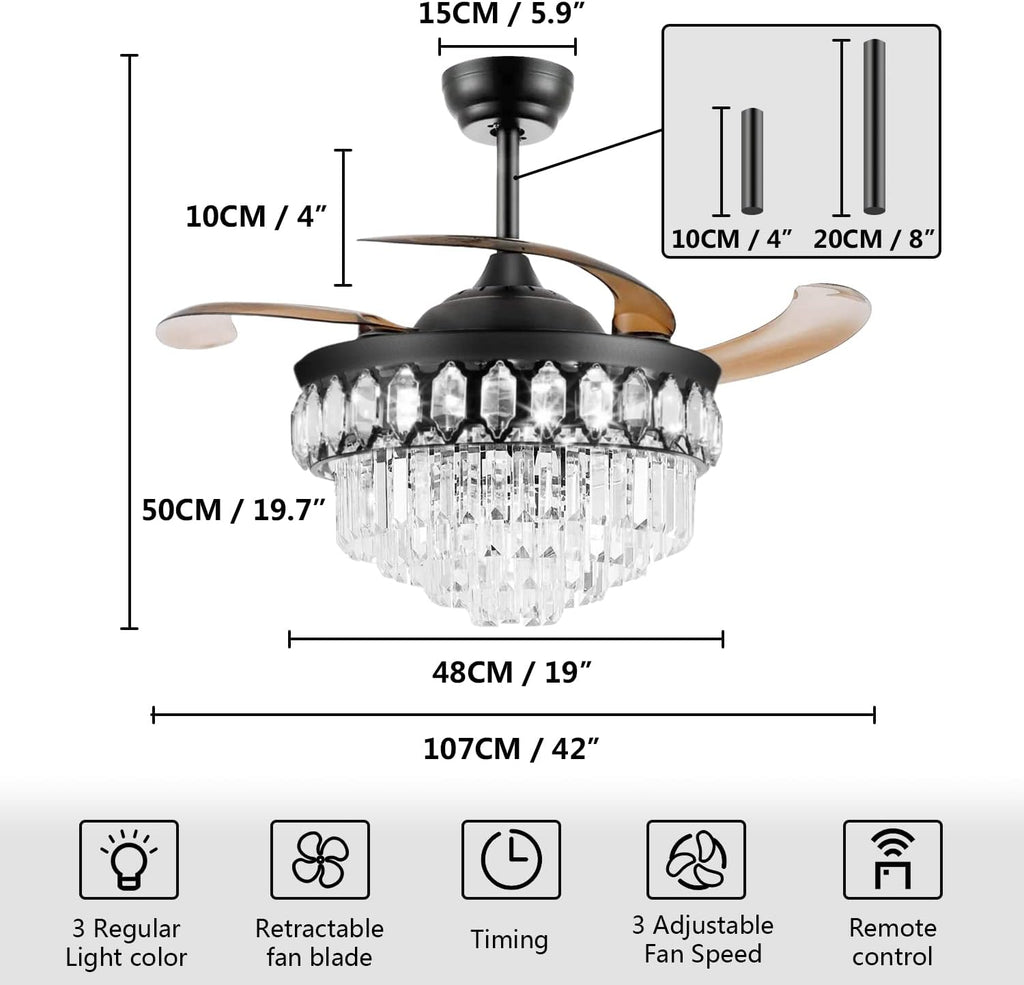 RuiWing 42' Crystal Ceiling Fans with Lights Retractable Blades LED Chandelier Remote Control 3 Different Lighting Mode Dimmable Fandelier for Bedroom Living Room