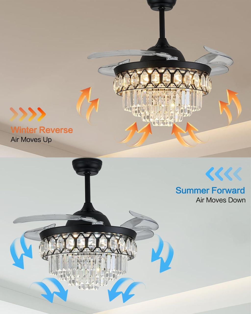 42' Dimmable Black Fandelier Crystal LED Ceiling Fans with Lights and Remote Modern Retractable Blade Ceiling Lighting Fan for Bedroom Dinning Room Living Room
