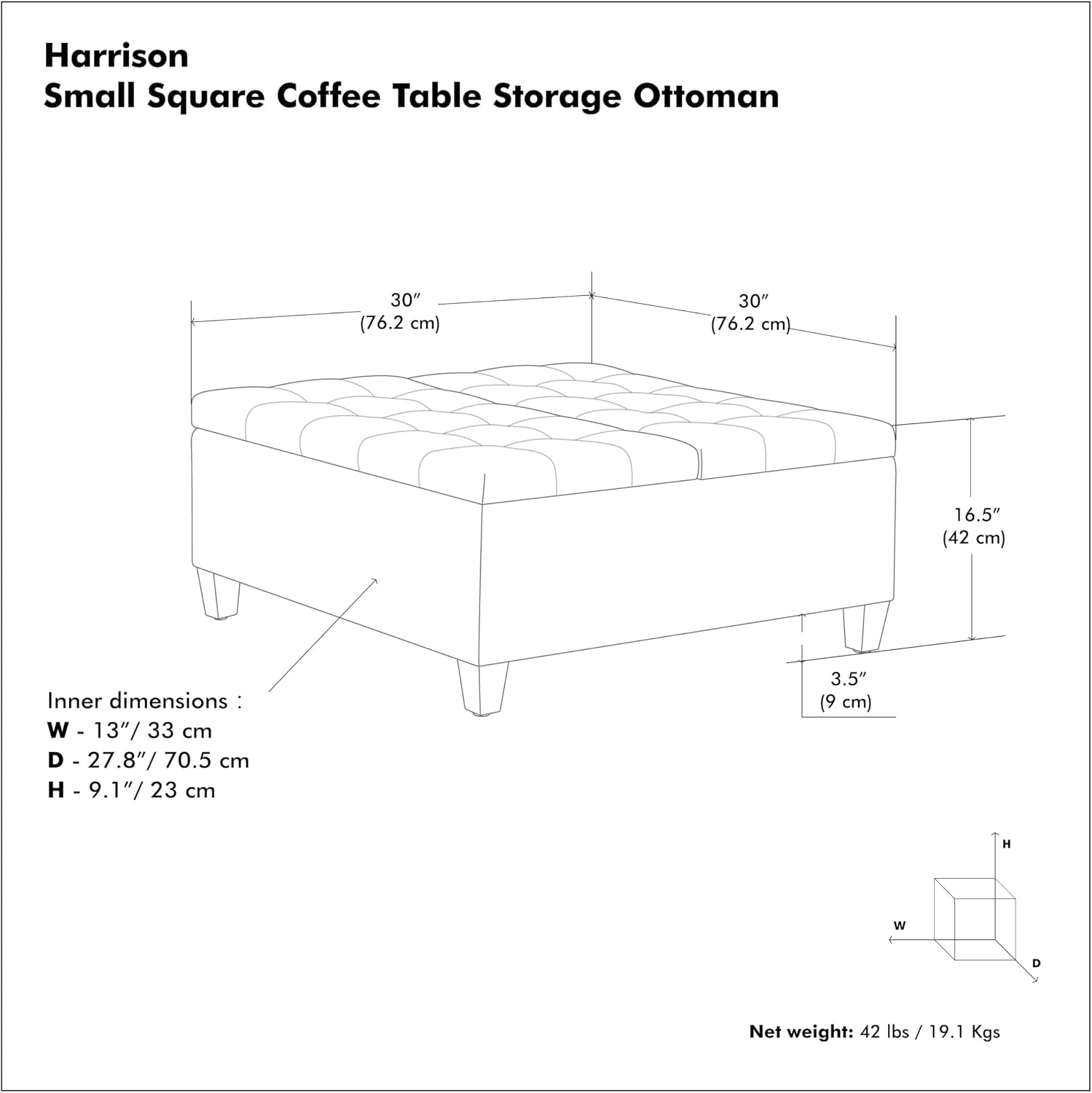 SIMPLIHOME Harrison Small Coffee Table Storage Ottoman - 30 inch Wide Upholstered Linen Look Fabric Square Lift-Top Ottoman in Cloud Grey, Transitional Ottoman for Living Room with Hidden Storage