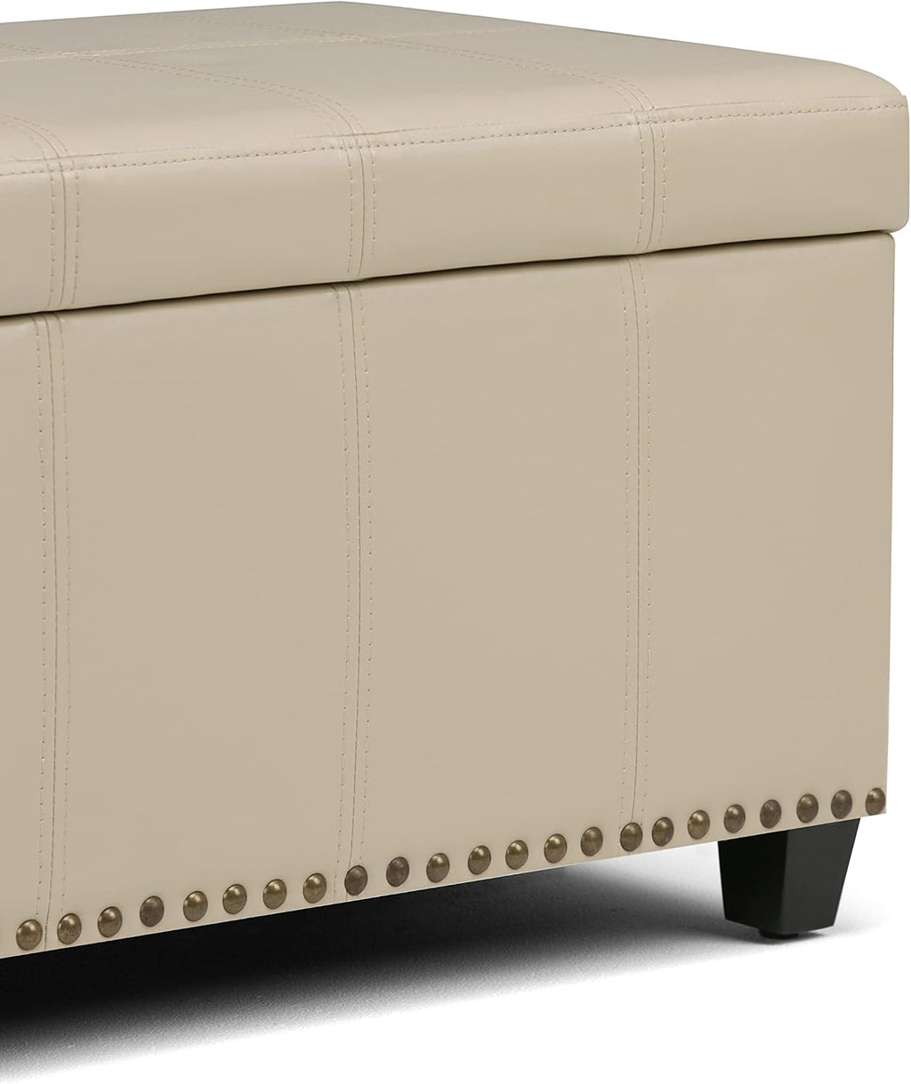 SIMPLIHOME Amelia Storage Ottoman - 33 inch Wide Vegan Leather Rectangle Storage Ottoman Bench in Satin Cream, Transitional Ottoman for Living Room with Nailhead Trim and Lift-Up Lid