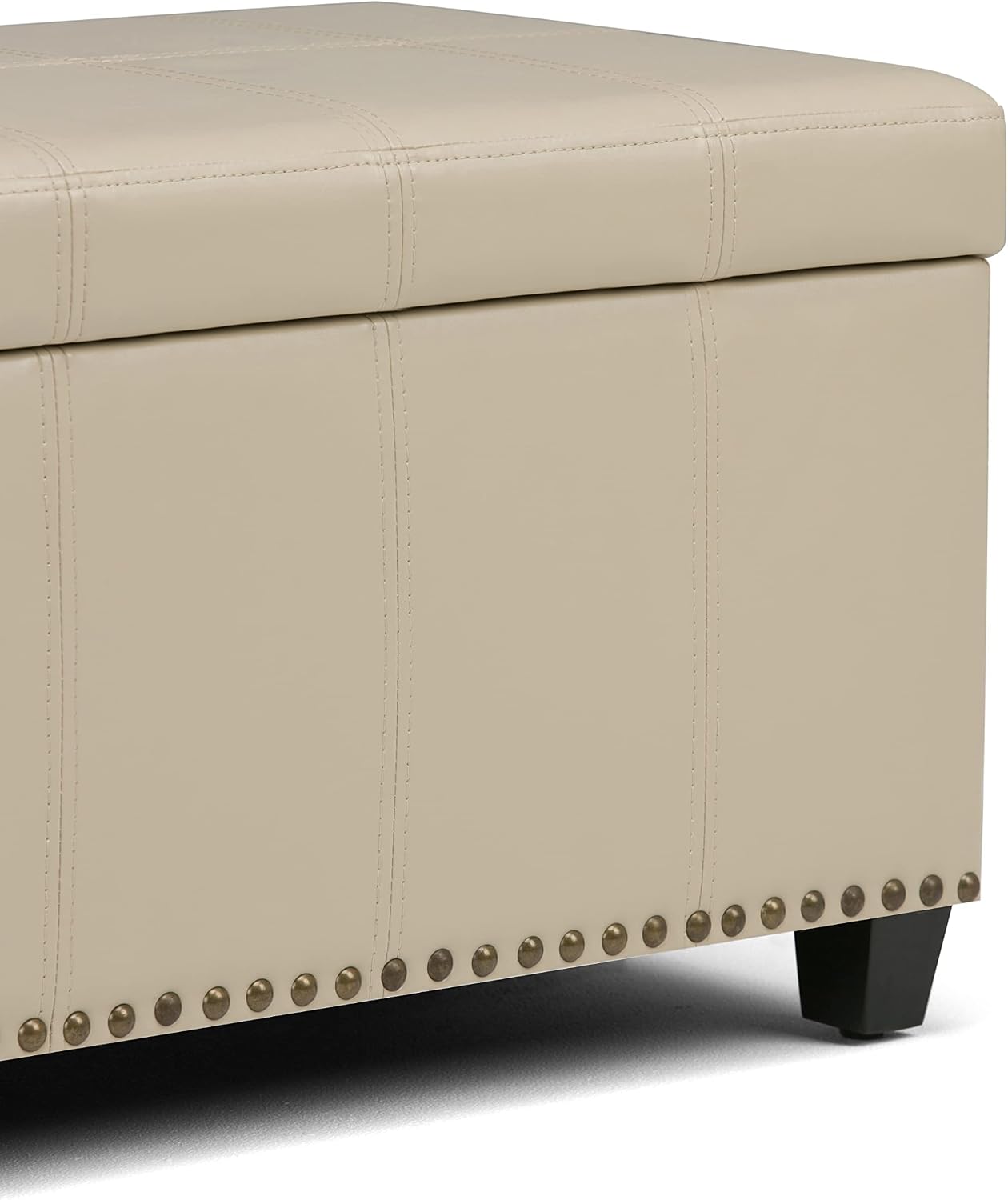 SIMPLIHOME Amelia Storage Ottoman - 33 inch Wide Vegan Leather Rectangle Storage Ottoman Bench in Satin Cream, Transitional Ottoman for Living Room with Nailhead Trim and Lift-Up Lid
