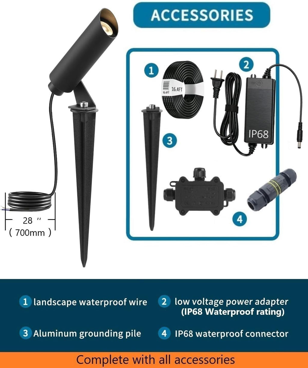 Outdoor Landscape Lighting, Mini Size Low Voltage LED Spotlight 3000K 4 Pack, IP65 Waterproof, with Quick Installation Accessories, for House Patio Garden Fence Tree Yard Plant Flags Use