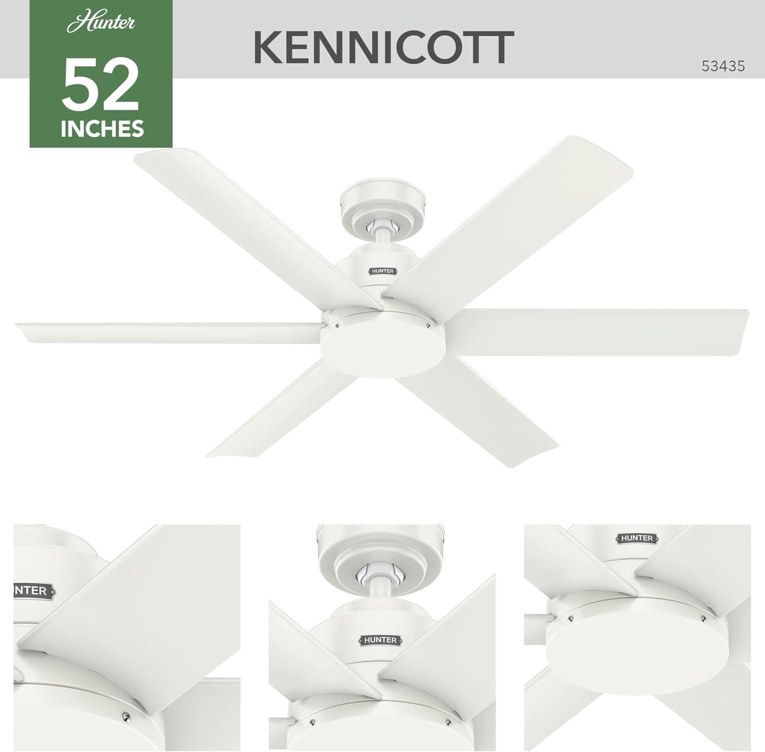 Hunter 52' Kennicott Indoor/Outdoor Ceiling Fan, Wall Control, Fresh White | SureSpeed high velocity airflow and no-light design suit covered patios, porches, bedrooms, or living rooms with easy setup.
