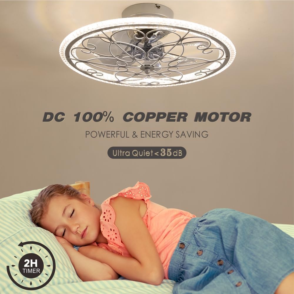 lifeholder Low Profile Ceiling Fan with Lights Remote 20' Ceiling Fan Flush Mount Enclosed Ceiling Light Dimmable Ceiling Lights Chandeliers Handmade Silver