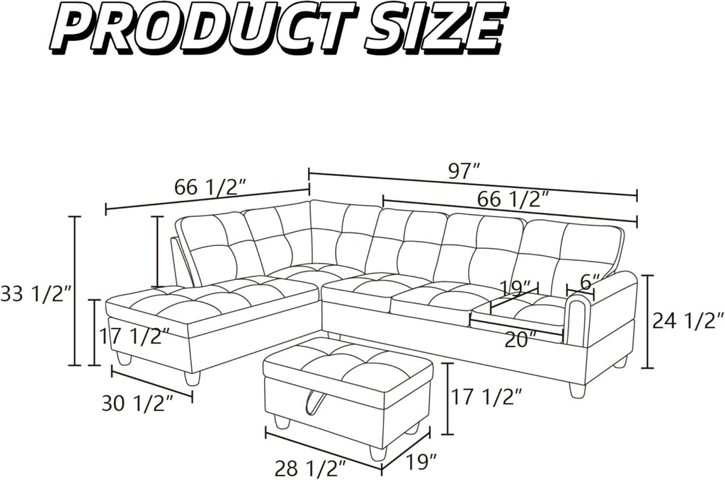 97' L Shaped Couch Sectional Couches with Chaise and Storage Ottoman, 3 Pieces Modular Convertible Sofa for Living Room Furniture Sets and Small Apartment, Beige