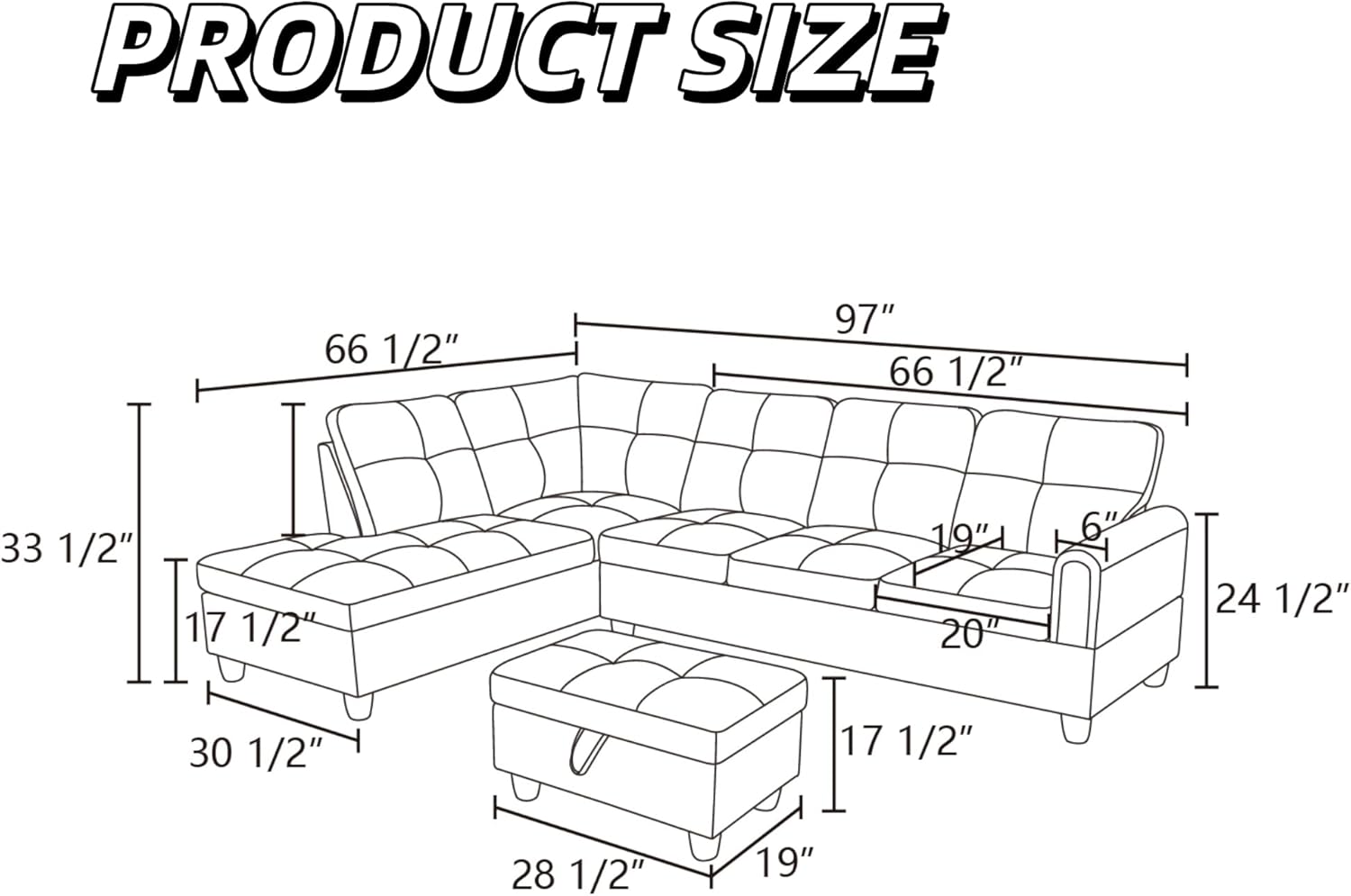 97' L Shaped Couch Sectional Couches with Chaise and Storage Ottoman, 3 Pieces Modular Convertible Sofa for Living Room Furniture Sets and Small Apartment, Beige