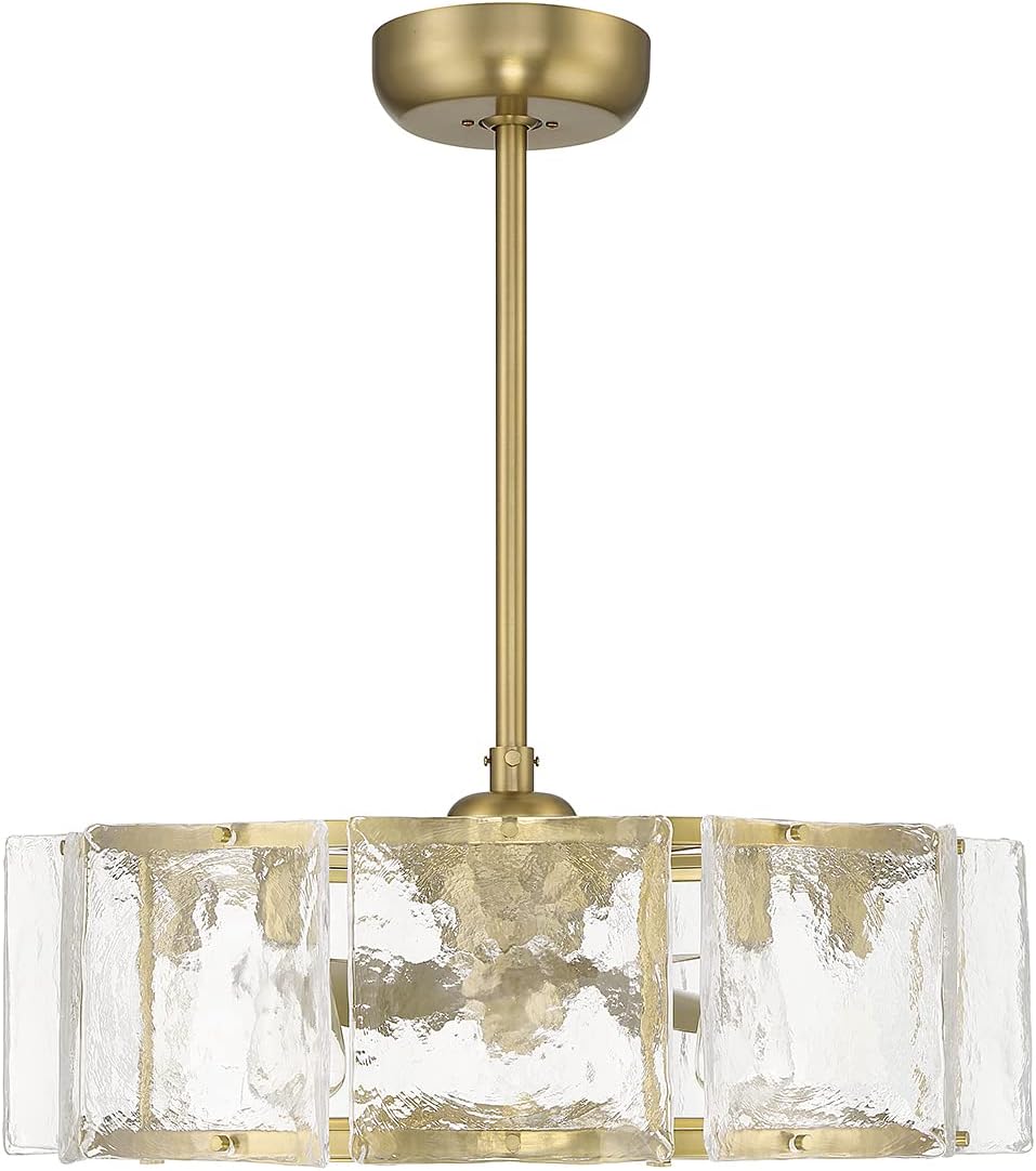 Savoy House 27-FD-8201-322 Genry Fandelier Coastal Clear Water Piastra Glass Drum Chandelier Ceiling Fan with Light and Remote, 5-Light 40 Total Watts, 17' H x 27' W, Warm Brass