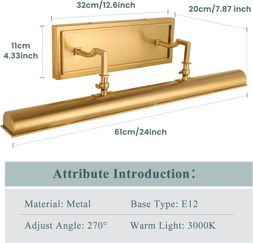 BELS Picture Light for Wall, 24 Inch Gold Wall Light Hardwire, Warm Light 2700K, 270° Rotatable, E12 Base, 3-Light Picture Frame Lights for Painting, Living Room, Bedroom, 2 Pack