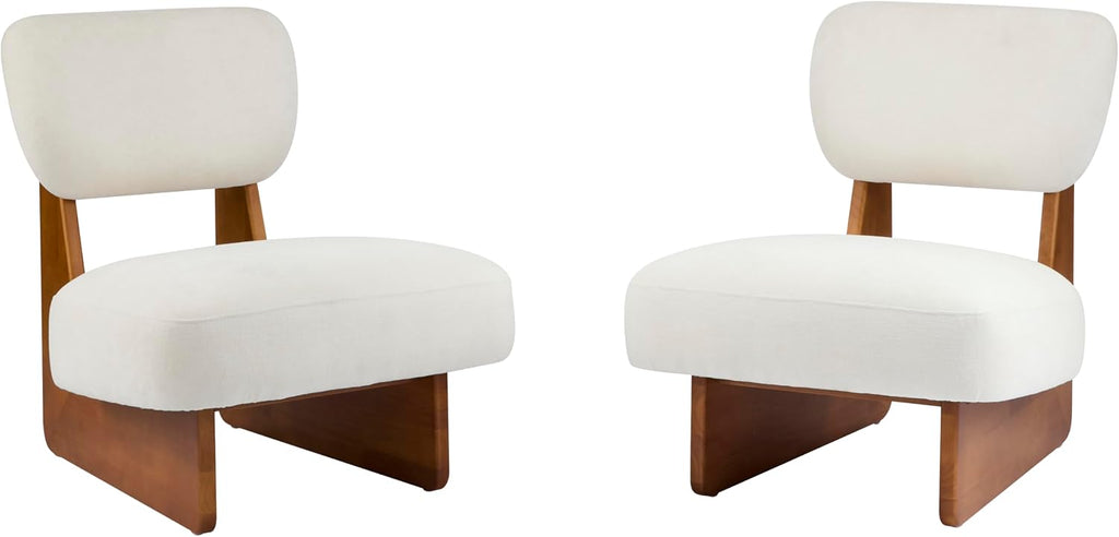 Christopher Knight Home Mores Low Profile Accent Chair Set of 2, Modern Living Room Armless Lounge Chair, Fabric Comfy Reading Chair for Bedroom, Wooden Frame and Thick Padded Seat, Beige + Natural