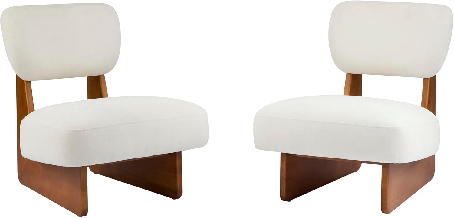 Christopher Knight Home Mores Low Profile Accent Chair Set of 2, Modern Living Room Armless Lounge Chair, Fabric Comfy Reading Chair for Bedroom, Wooden Frame and Thick Padded Seat, Beige + Natural