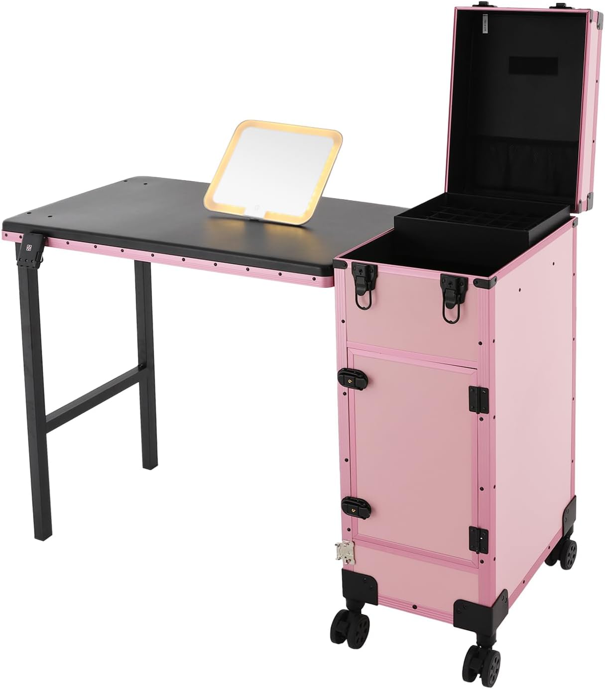 Professional Rolling Makeup Case, Foldable Nail Tables with Detachable Lighted Mirror, Travel Cosmetic Trolley Storage Organizer with Drawers & Lock, Manicure for Artist (Pink)