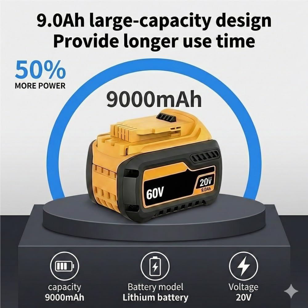 20V/60V Replacement Lithium-Ion High Battery Compatible With Dewalt DCB200 DCB204 DCB612 DCB206 Drill Cordless Power Reciprocating Saw Tool Packs(2pcs 9AH)