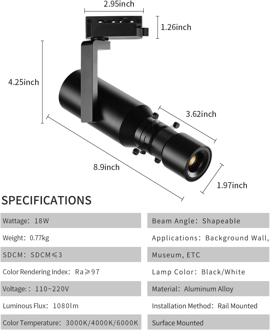 LED Dimmable Ceiling Spotlight, 18W Adjustable Aperture Shape Light, Ceiling Mounted Directional Spot Light for Museum Art Gallery Exhibition Art 3000K