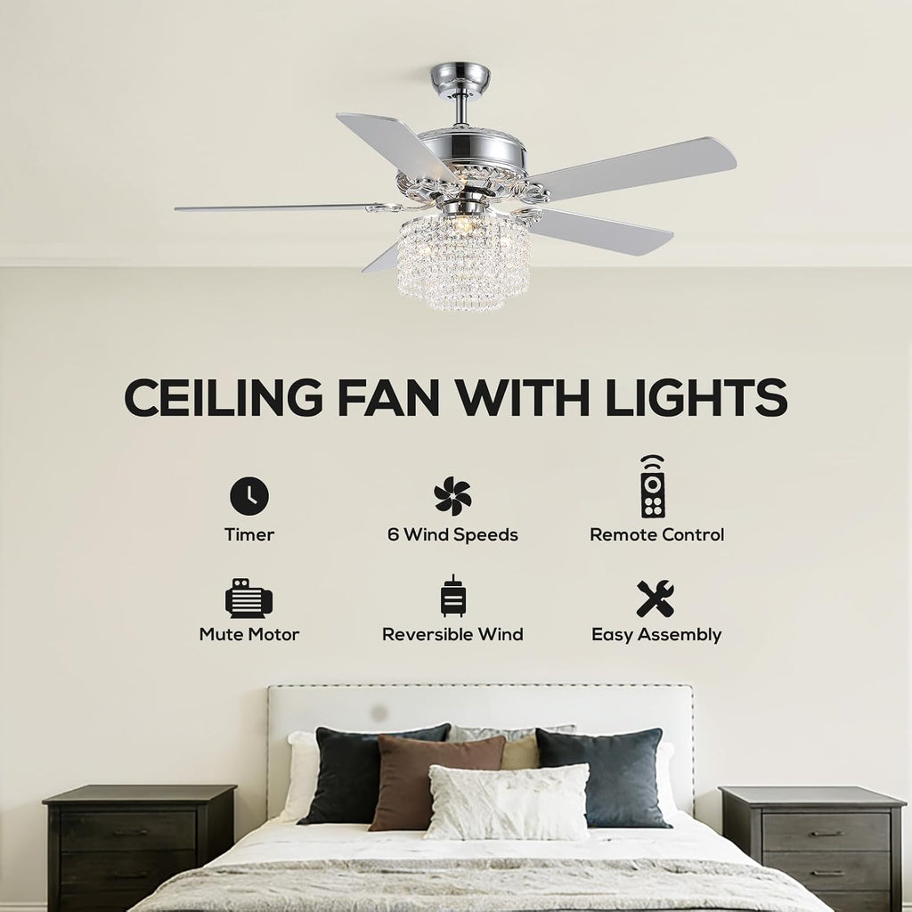 52 Inch Crystal Ceiling Fan with Light and Remote, Modern Reversible Chandelier Fan with Wood Blades, Elegant Fandelier Ceiling Light Kit for Bedroom Dining Room Living Room, Chrome