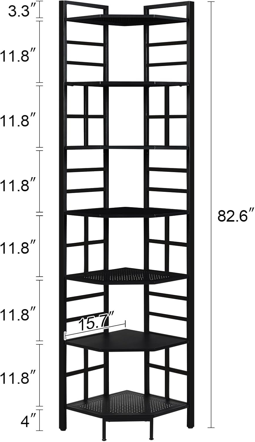 HOMISSUE Corner Shelf, 7 Tier Tall Narrow Bookshelf 82.6', Industrial Corner Bookcase with Storage for Home Office Living Room and Bedroom, Black