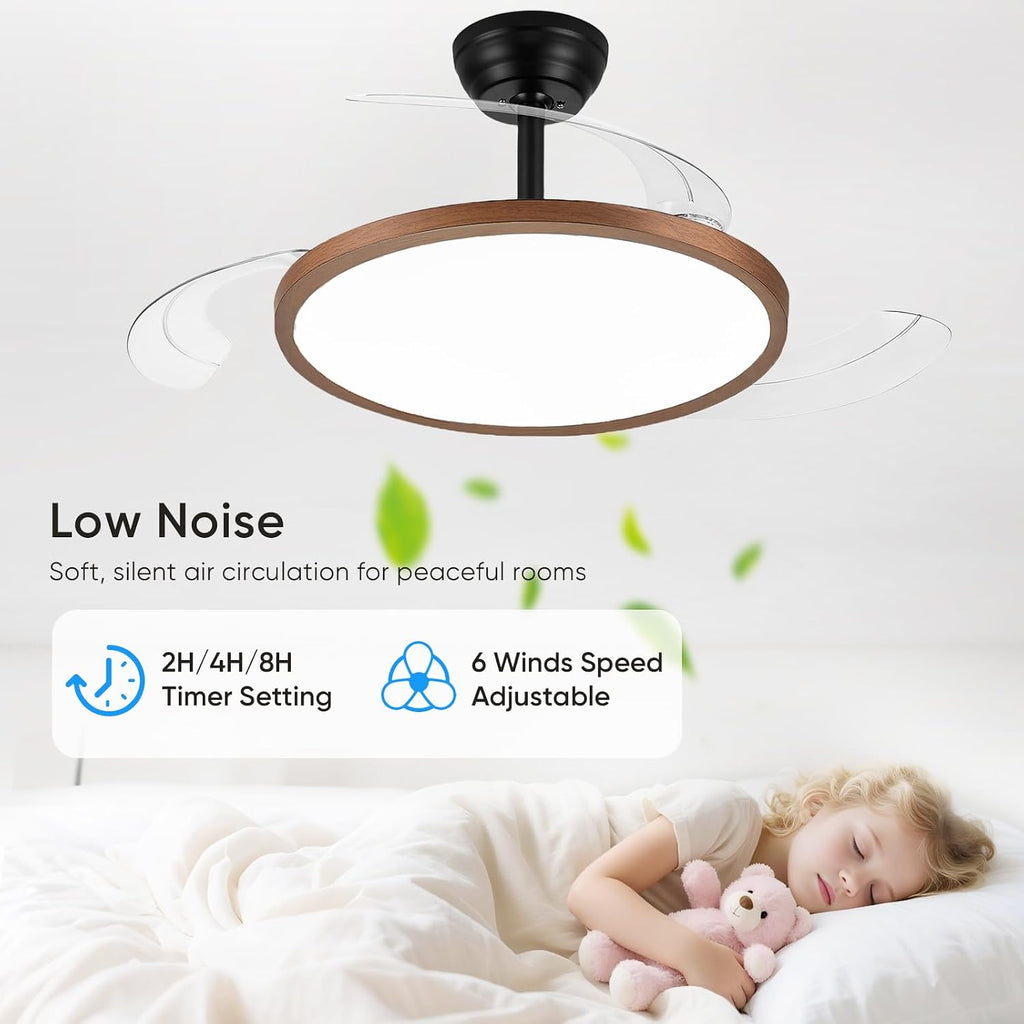 42 Inch Retractable Ceiling Fan with Lights, Fandelier Ceiling Fan for Bedroom Living Room Dinning Room, Chandelier with Fan 6 Speed, 3 Color Temperature, Reversible DC Motor-Black