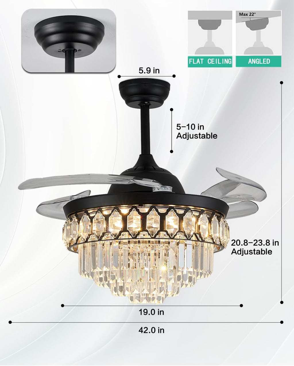 42' Dimmable Black Fandelier Crystal LED Ceiling Fans with Lights and Remote Modern Retractable Blade Ceiling Lighting Fan for Bedroom Dinning Room Living Room