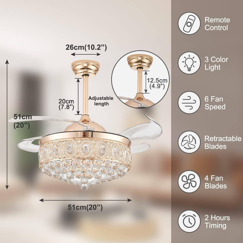 FRIXCHUR 42″ Dimmable Gold Crystal Chandelier Ceiling Fan Modern LED Fandelier Flush Mount Ceiling Fan with Lights and Remote, 6 Speed 3 Color Fans for Living Room Bedroom