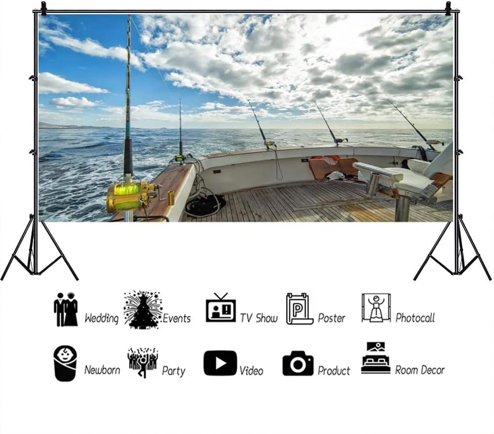 AOFOTO 20x10ft Sea Landscape Backdrop Fishing Boat Fishing Poles Blue Sky White Cloud Photography Background Anglers Vacation Video Displays TV Film Production Studio Prop Video Drape