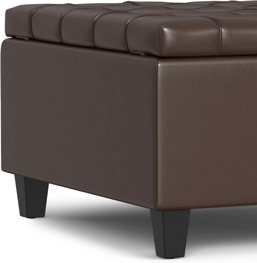 SIMPLIHOME Harrison Small Coffee Table Storage Ottoman - 30 inch Wide Upholstered Vegan Leather Square Lift-Top Ottoman in Chocolate Brown, Transitional Ottoman for Living Room with Hidden Storage