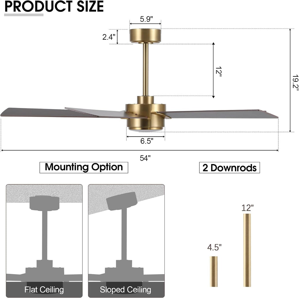 ELEHINSER 54' Ceiling Fan with Light and Remote Control, Modern Dimmable LED Light, 6-Speed Noiseless Reversible DC Motor, 5 Plywood Ceiling Fan for Kitchen Bedroom Living Room NAB Gold/Walnut
