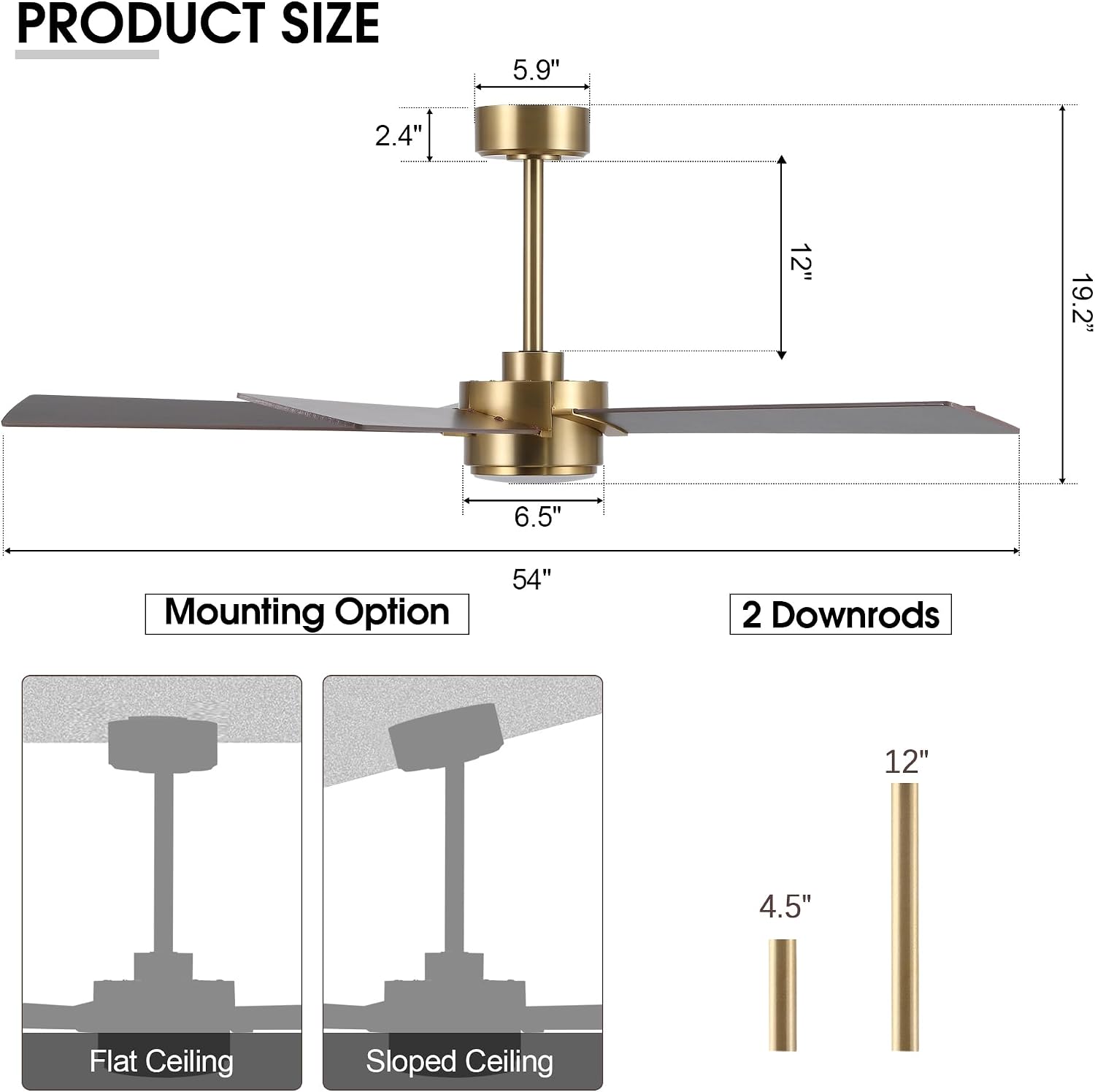 ELEHINSER 54' Ceiling Fan with Light and Remote Control, Modern Dimmable LED Light, 6-Speed Noiseless Reversible DC Motor, 5 Plywood Ceiling Fan for Kitchen Bedroom Living Room NAB Gold/Walnut