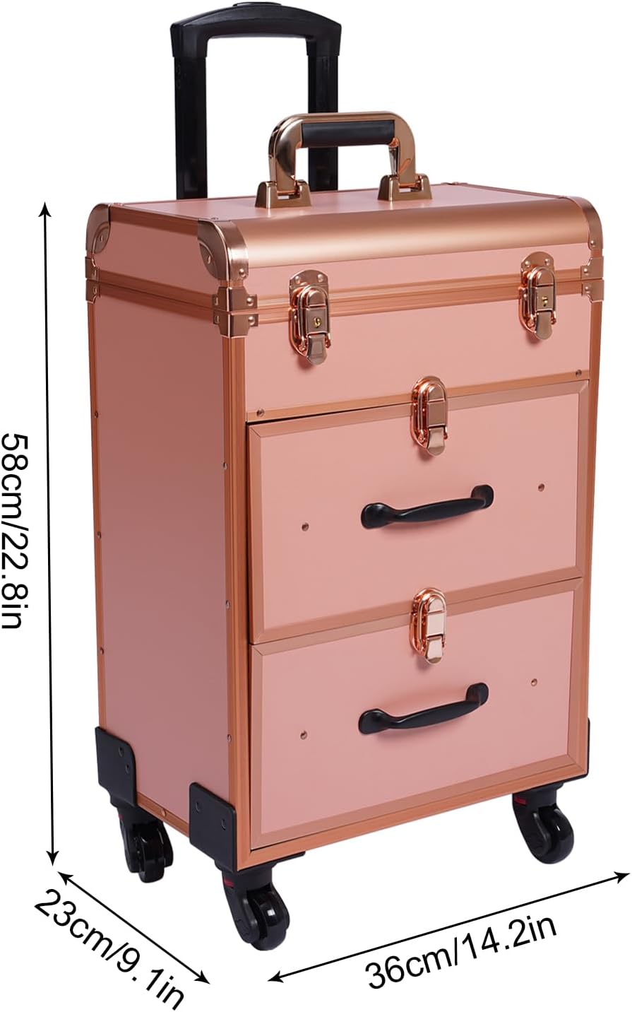 Professional Rolling Makeup Case Train Case Cosmetic Organizer Trolley Lockable Rolling Make-ups Case Storage Cart Makeup Train Case Cosmetology Case On Wheels (Gold|3 trays|Type B)