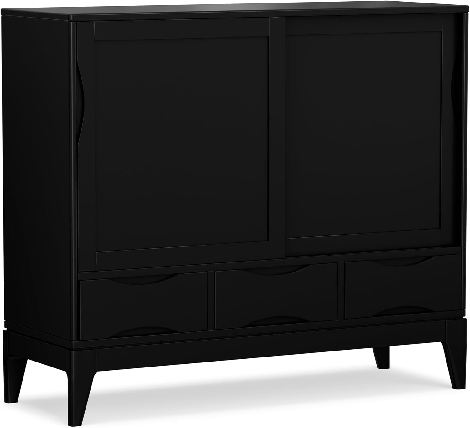 SIMPLIHOME Harper Medium Storage Cabinet - 48 inch Wide Solid Hardwood Sliding Door Cabinet in Black, Mid-Century Modern Cupboard for Living Room or Entryway with 3 Drawers and Tapered Legs