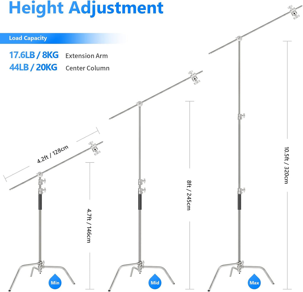 NEEWER Pro 100% Stainless Steel Heavy Duty C Stand with Boom Arm, Max Height 10.5ft/320cm Photography Light Stand with 4.2ft/128cm Holding Arm, 2 Grip Head for Studio Monolight, Softbox, Reflector