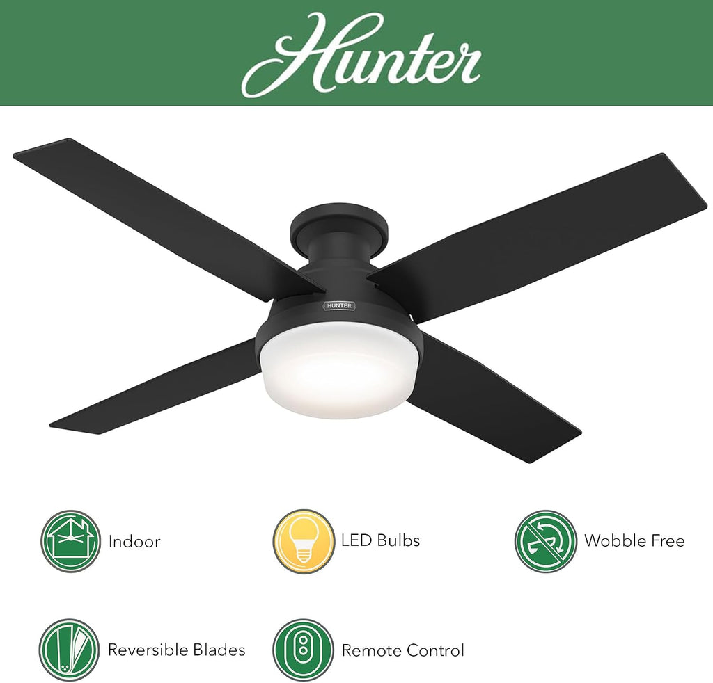 Hunter Fan 52 Inch Low Profile Matte Black Finish Indoor Ceiling Fan With LED Light Kit and Remote Control (Renewed)