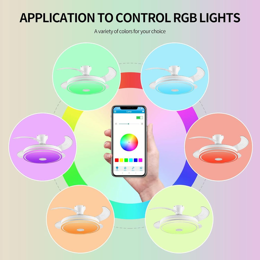 42in retractable ceiling fan with lights remote control,RGB color changing Bluetooth Ceiling Fan With Speaker Low Profile Modern Flush Mount for Bedroom, Living Room fandelier
