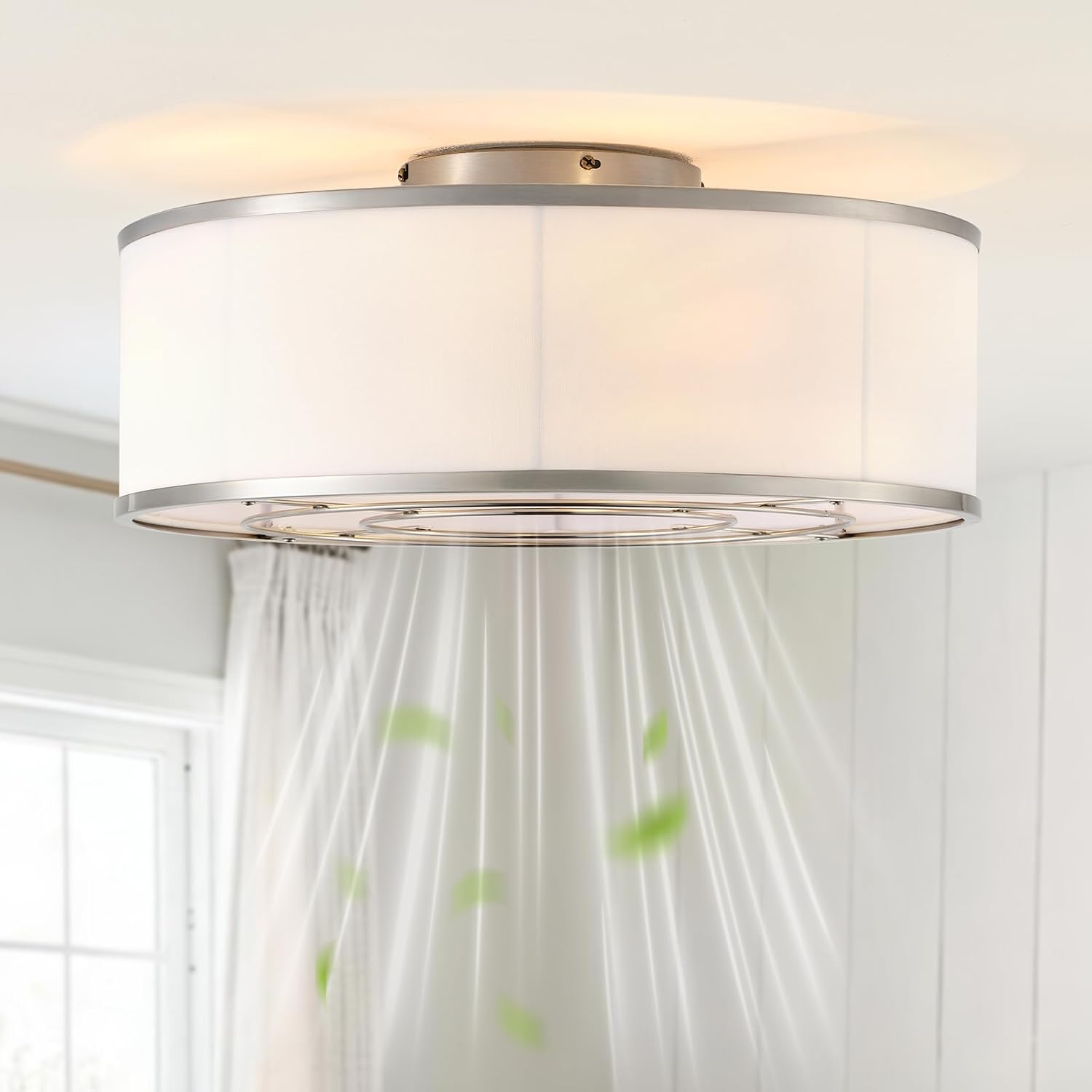 Caged Low Profile Ceiling Fans with Lights, Bladeless Ceiling Fan with lights Remote, Flush Mount Modern Enclosed with 6 Speeds for Bedroom, Kitchen (Nickel)