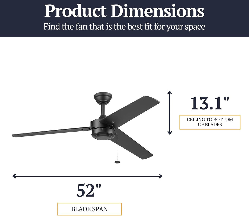 Prominence Home Tenant, 52 Inch Contemporary Indoor Outdoor LED Ceiling Fan, No Light, Pull Chain, Dual Mounting Options, 3 Dual Finish Blades, Reversible Airflow - 51866-01 (Matte Black)