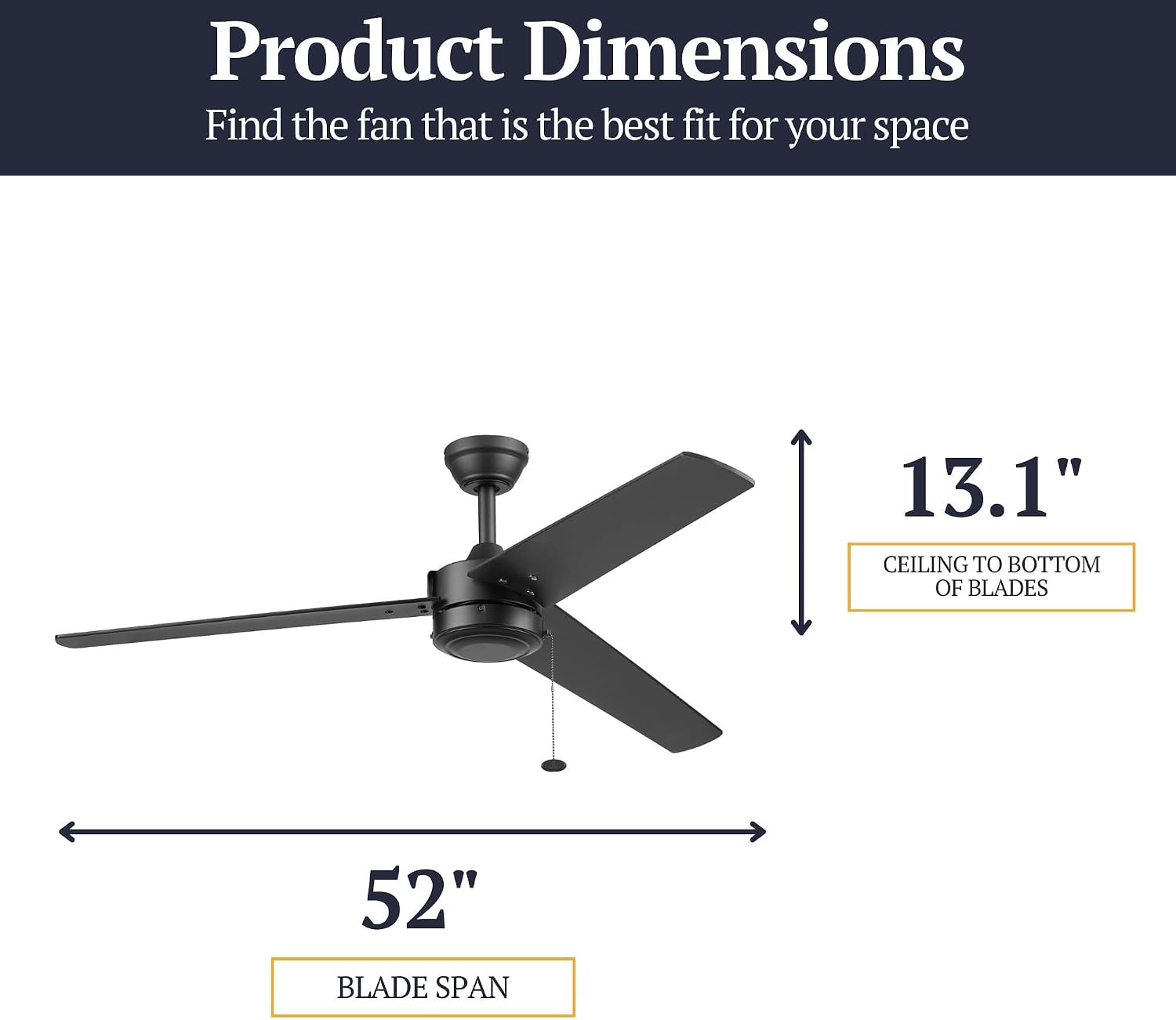 Prominence Home Tenant, 52 Inch Contemporary Indoor Outdoor LED Ceiling Fan, No Light, Pull Chain, Dual Mounting Options, 3 Dual Finish Blades, Reversible Airflow - 51866-01 (Matte Black)