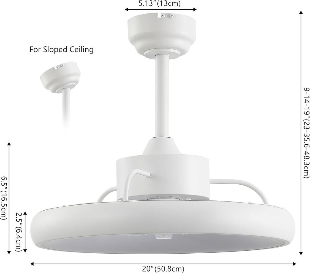 Oval AIR Loren 20' Small Smart Ceiling Fan with Light, Semi Flush Mount, Quiet 6-Speed Reversible Motor, Dimmable LED, Adjustable CCT, App & Remote Control, Minimalist, White AIR8002D