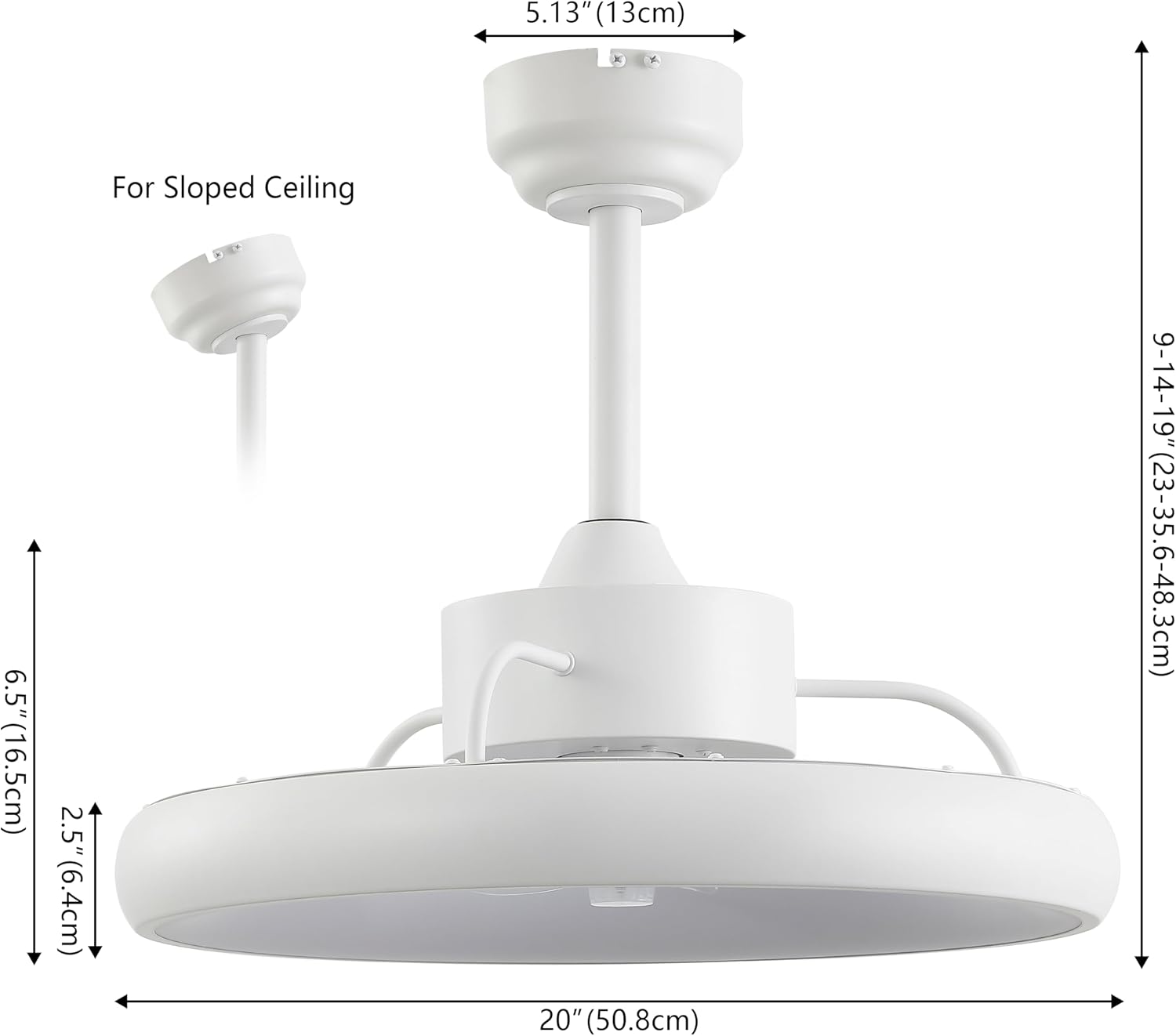 Oval AIR Loren 20' Small Smart Ceiling Fan with Light, Semi Flush Mount, Quiet 6-Speed Reversible Motor, Dimmable LED, Adjustable CCT, App & Remote Control, Minimalist, White AIR8002D
