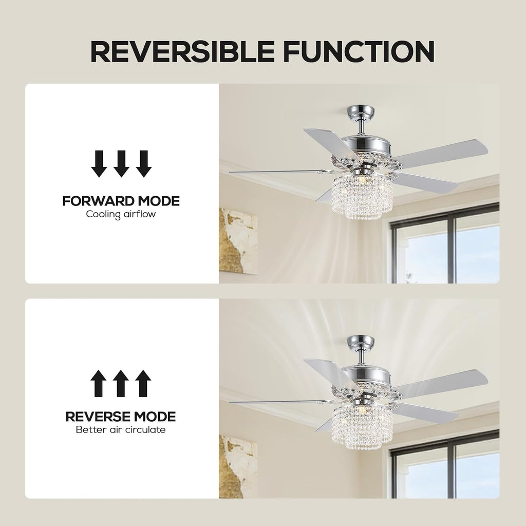 52 Inch Crystal Ceiling Fan with Light and Remote, Modern Reversible Chandelier Fan with Wood Blades, Elegant Fandelier Ceiling Light Kit for Bedroom Dining Room Living Room, Chrome