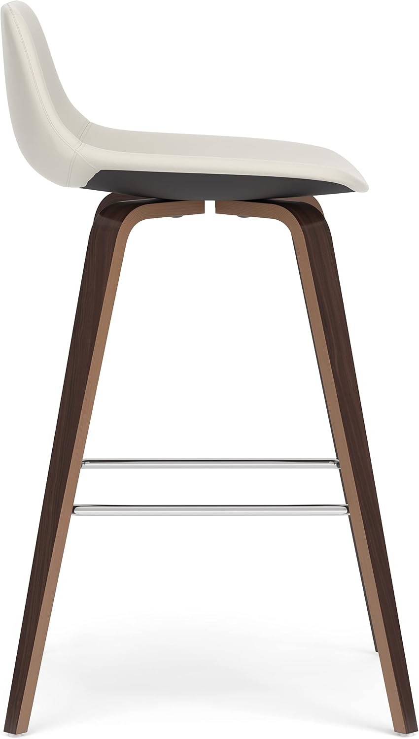 SIMPLIHOME Randolph Counter Stools (Set of 2) - 28 Inch Seat Height Upholstered Bentwood Bar Stools in Cream PU Faux Leather, Mid Century Modern Seating with Curved Backrest and Chrome Footrest
