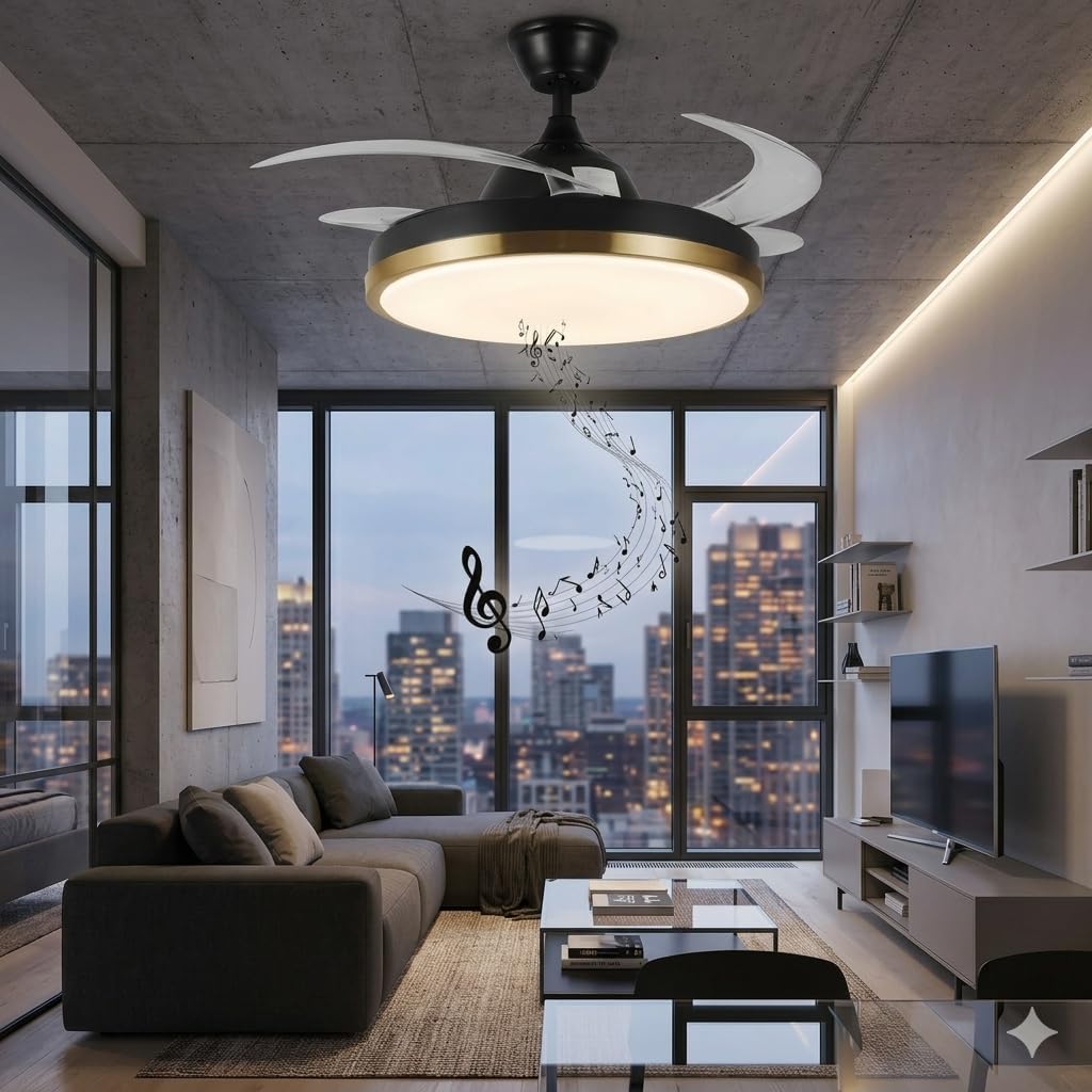 42' Retractable Ceiling Fan with Lights & Bluetooth Speaker Color Changing LED,Black and Gold, Alexa and Google App Control,Invisible Blades, Dimmable Fandelier Chandelier with Remote Control