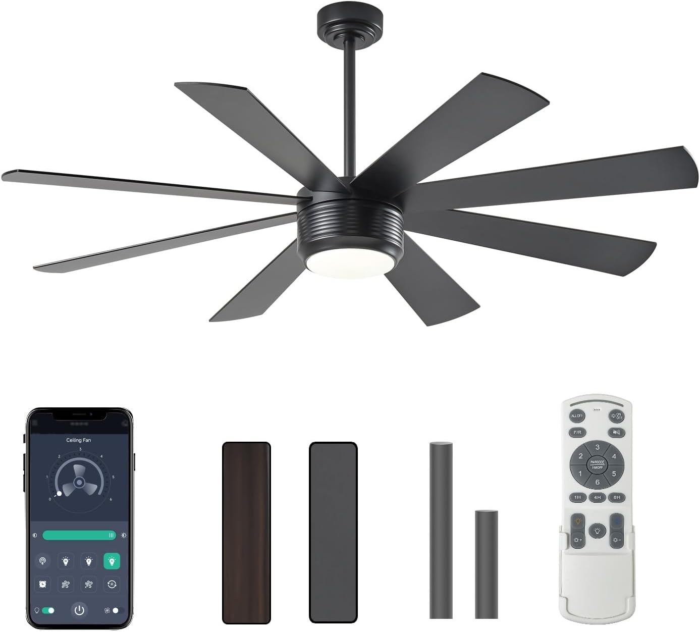 SHOWDI Black Ceiling Fans with Lights and Remote, Quick Installation, 60 in | 2 Blade Color, Metal Material, App Remote Control, Timer, Reversible, 3CCT, Dimmable for Bedroom, Living room, Indoor