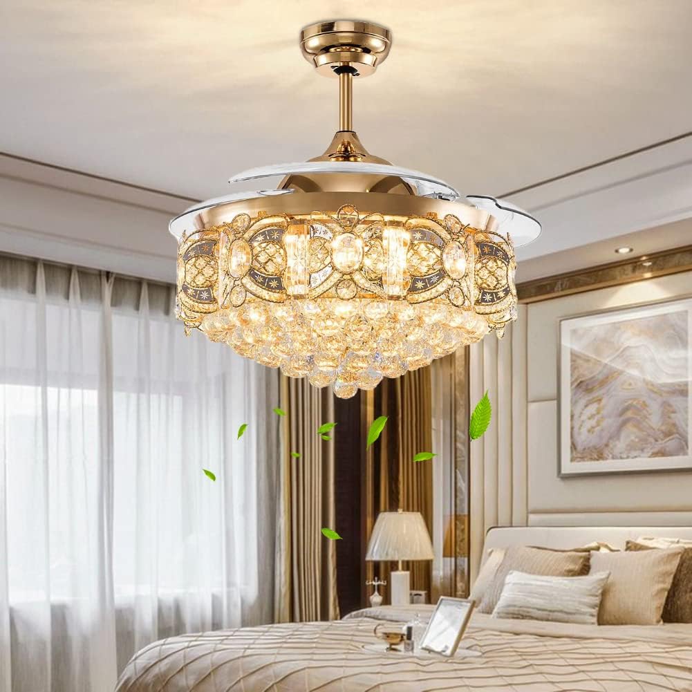 Crystal Fandelier Ceiling Fan with Light, Modern Retractable Crystal Chandeliers Ceiling Fan, Chandelier Fan with 3 Color Change for Dining Room Bedroom (Rose Gold)