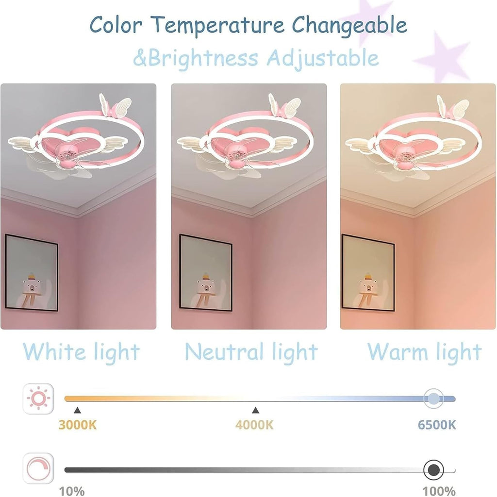 Butterfly Ceiling Fan with Light Pink Ceiling Fan with Light for Girls Room Heart Shape Dimmable LED Fan Light with Remote Control Kids Bedroom Ceiling Fan, 6 Speed Reversible Fan