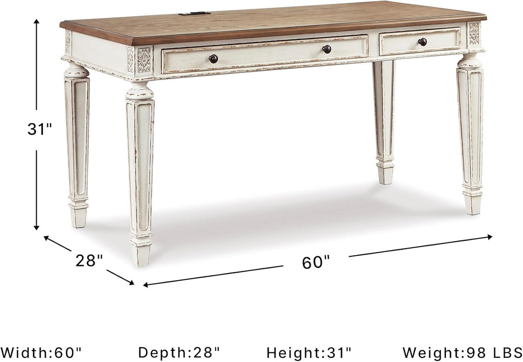 Signature Design by Ashley Realyn Farmhouse Home Office Desk, 2 Drawers, Drop-down Drawer, USB Charging, Wood, 60' W x 28' D x 31' H, Chipped White and Brown
