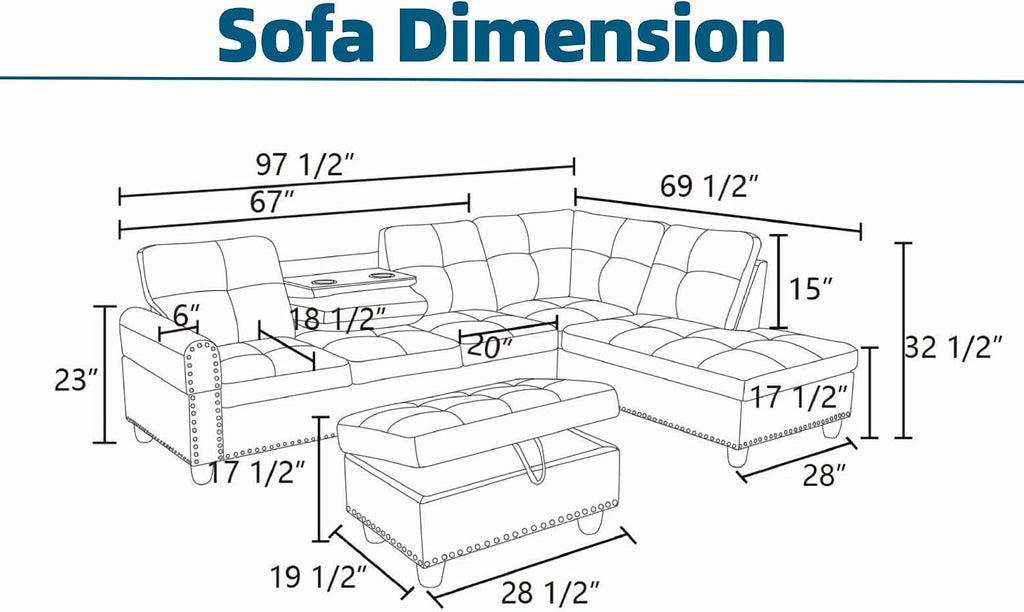 Sectional Couches for Living Room with Movable Chaise & Storage Ottoman - 97.5' Leather L Shaped Couches for Living Room Apartment, Home Modular Sectional Sofas with Cup Holder, Ginger