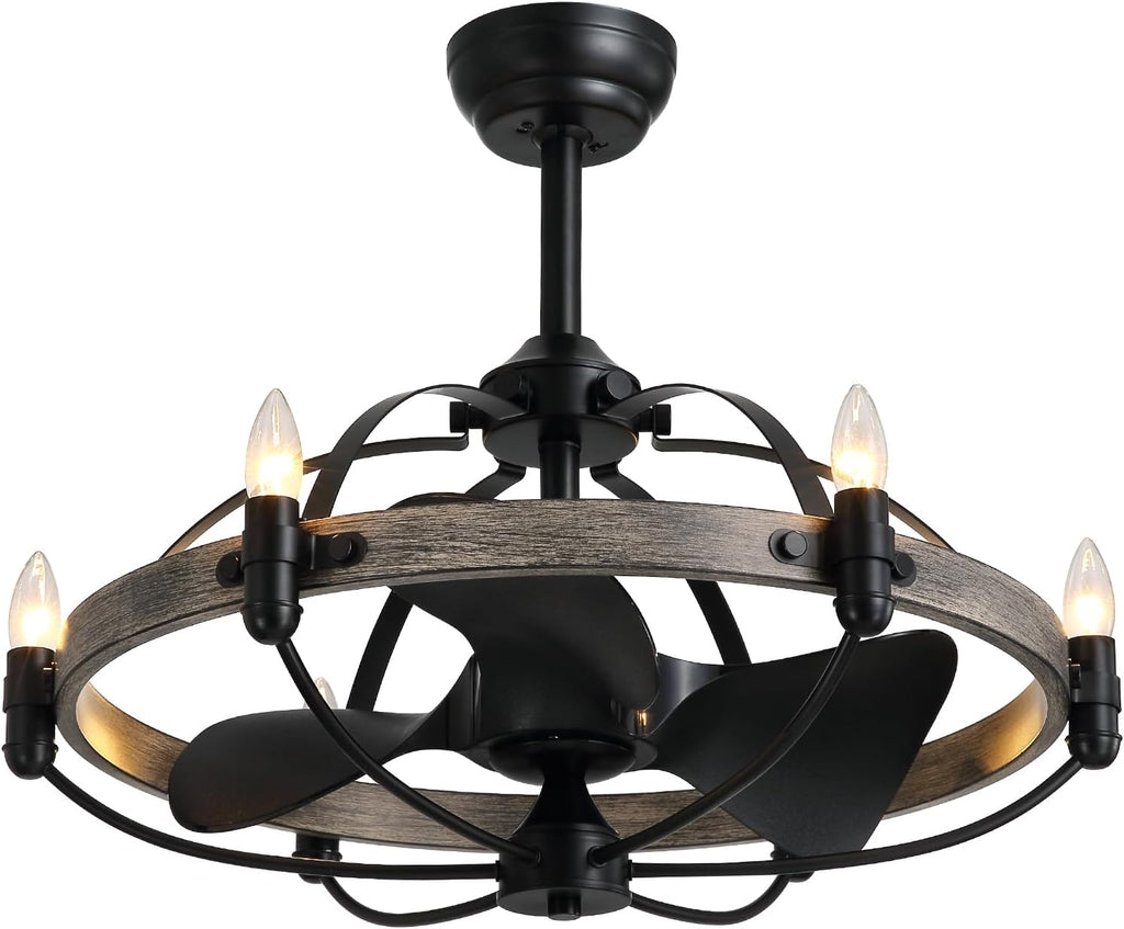 27'' Farmhouse Cage Ceiling Fan with Light Remote Control, Ash Brown Rustic Ceiling Fan with Lights,Vintage Chandelier Fan for Kitchen Dining Room Living Room
