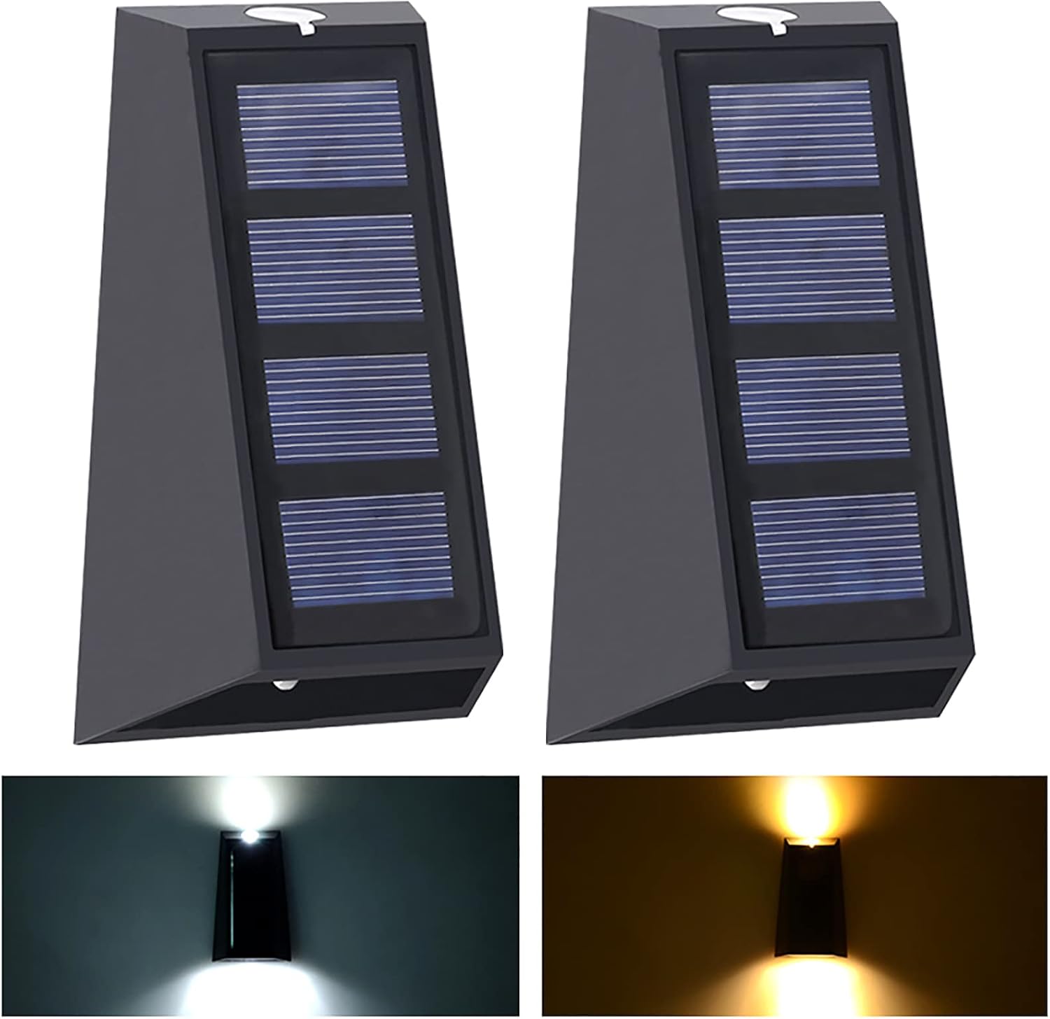 Solar Wall Lights, 2 Pcs Up and Down Waterproof Solar Fence Lights with 7 Color Changing/Warm and White Exterior Garden Wall Sconce