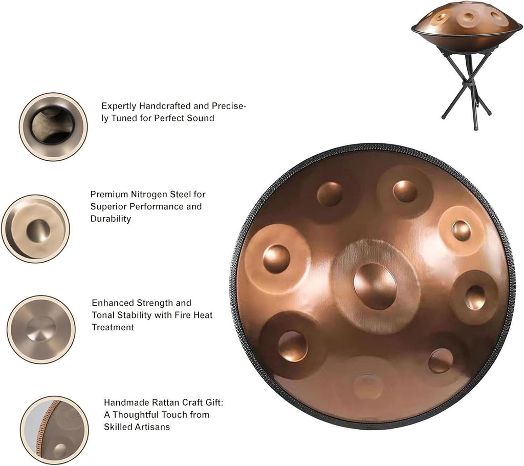 Handpan Drum 432Hz/440Hz, 22 Inch 9/10/12 Notes Tongue Drums, Steel Percussion Instrument with Stand, Professional Hand Pan Set for Meditation Yoga Sound Healing Music Therapy(Brown,432HZ/9Note)