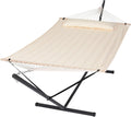 SUNCREAT Hammocks Extra Large Double Hammock with 12 ft Stand, 475lbs Capacity, Outdoor Portable Hammock with Hardwood Spreader Bar, Extra Large Pillow, Beige