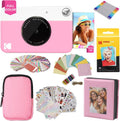 Kodak Printomatic Full-Color Instant Print Camera Gift Bundle + Soft Case + Zink 2x3 Sticky Back Photo Paper 20pk + Album + Sticker Sets + Sticker Frames + Hanging Frames + Markers, Fun Gift - Pink